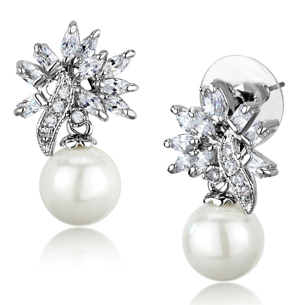 3W888 - Rhodium Brass Earrings with Synthetic Pearl in White