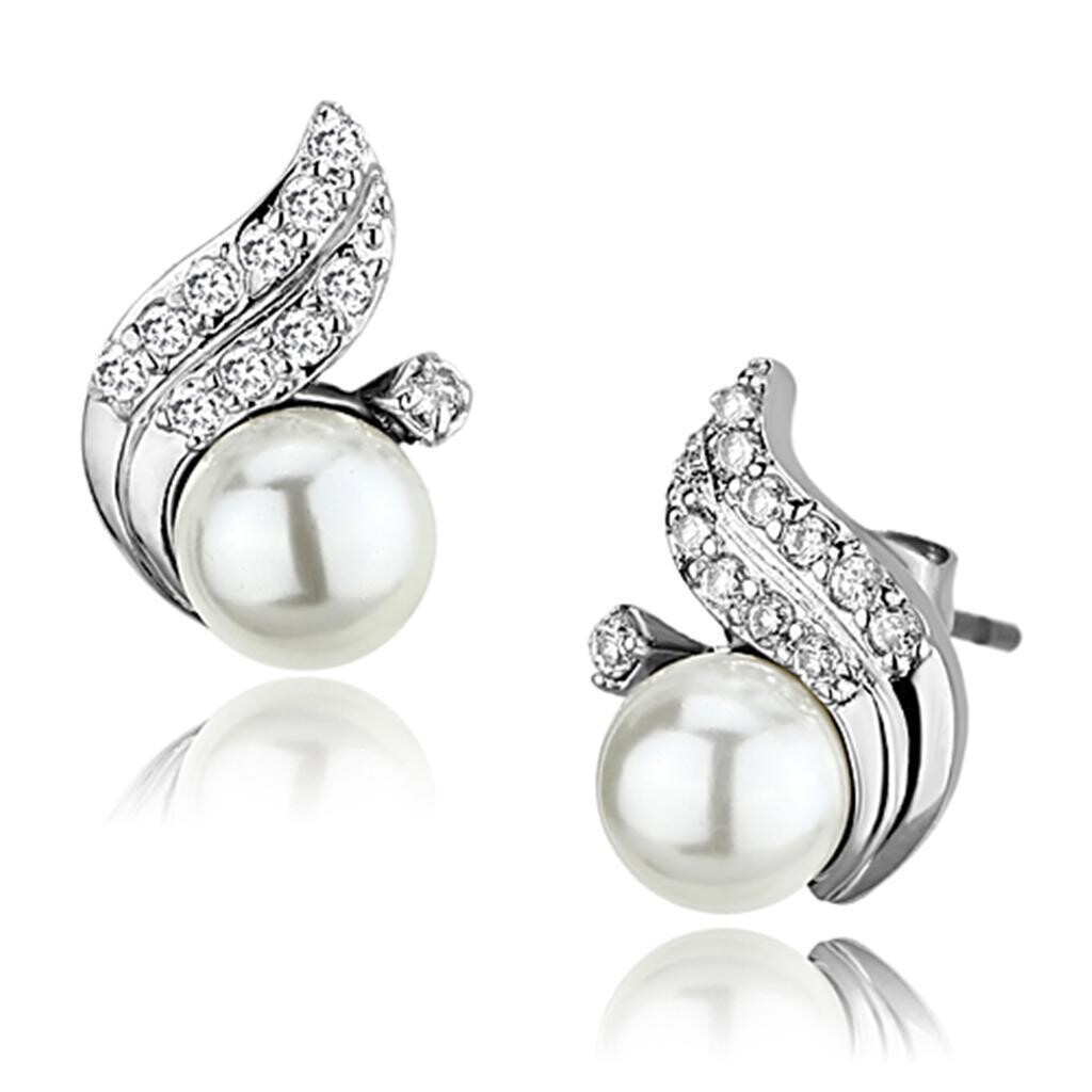 3W365 - Rhodium Brass Earrings with Synthetic Pearl in White