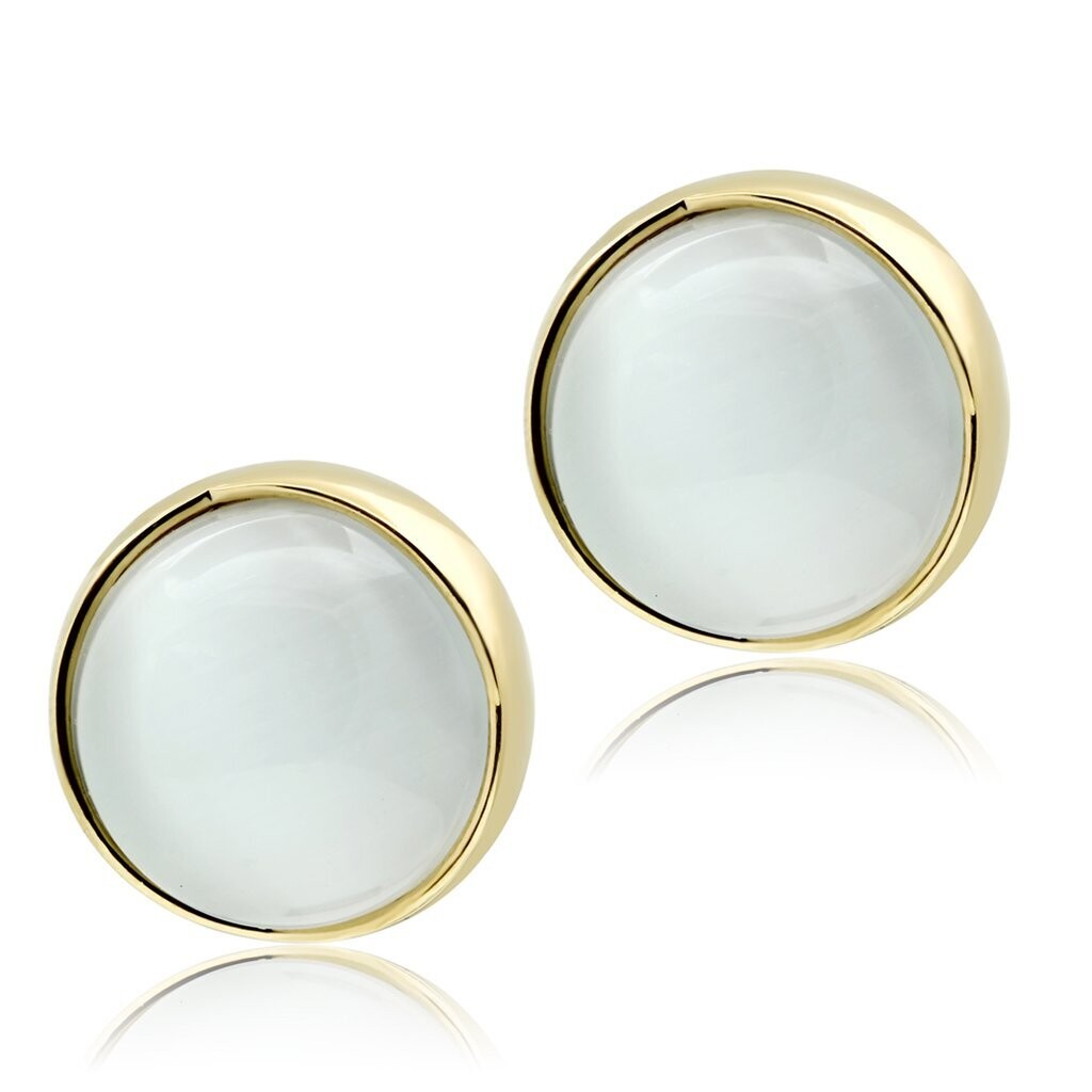 GL253 - IP Gold(Ion Plating) Brass Earrings with Synthetic Cat Eye in White