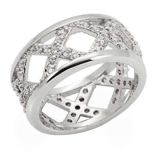 0W266 - Rhodium Brass Ring with AAA Grade CZ  in Clear