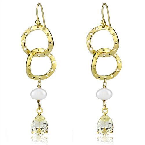 3W1312 - Gold Brass Earrings with Semi-Precious Pearl in White