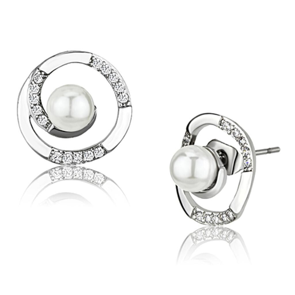 3W366 - Rhodium Brass Earrings with Synthetic Pearl in White