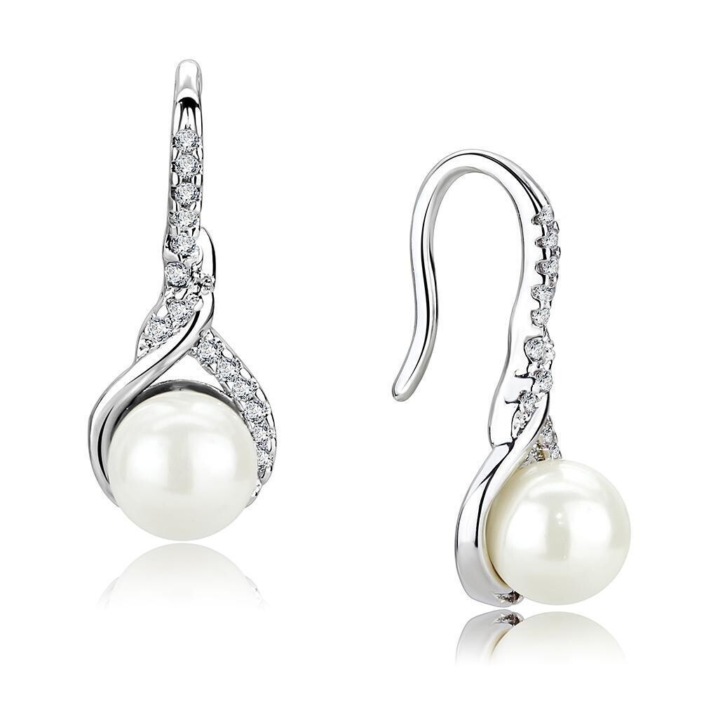 3W1478 - Rhodium Brass Earrings with Synthetic Pearl in White