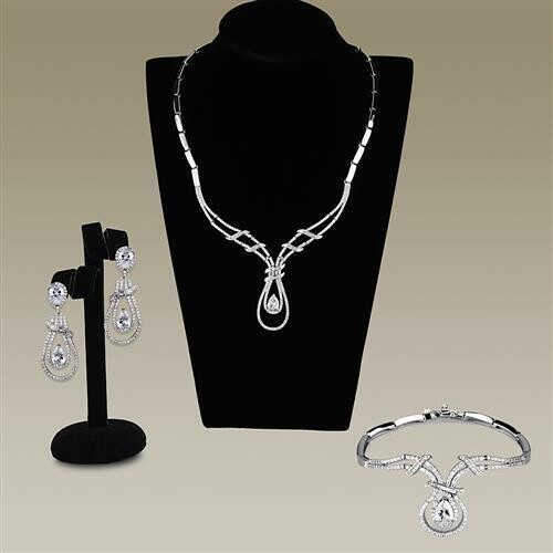 3W1095 - Rhodium Brass Jewelry Sets with AAA Grade CZ  in Clear