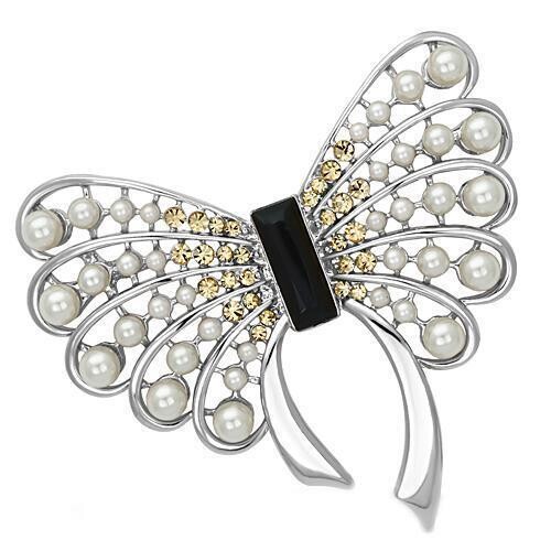 LO2868 - Imitation Rhodium White Metal Brooches with Synthetic Pearl in Jet