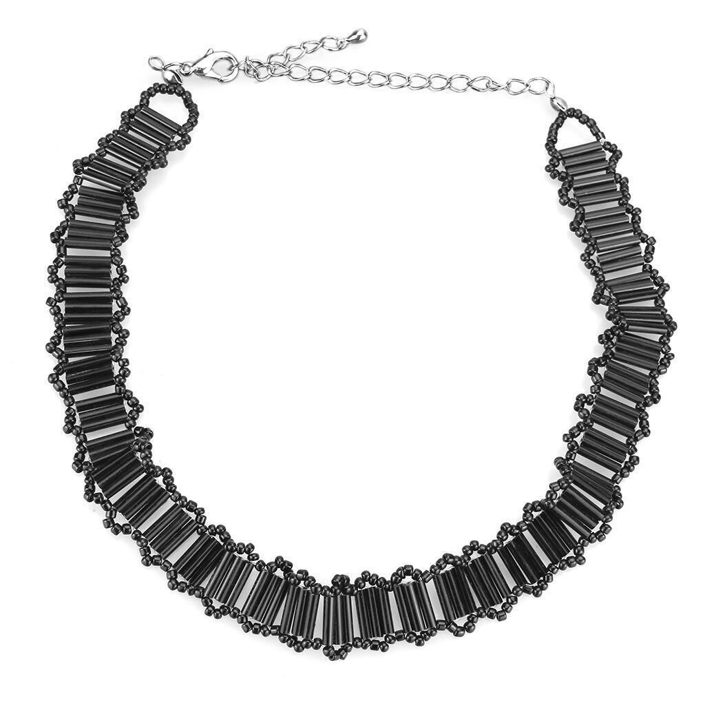 LO4724 - Rhodium White Metal Necklace with Synthetic Synthetic Glass in Jet