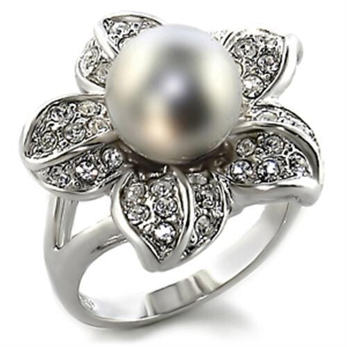 0C108 - Rhodium Brass Ring with Synthetic Pearl in Gray