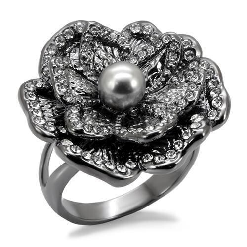 LO1681 - TIN Cobalt Black Brass Ring with Synthetic Pearl in Light Gray