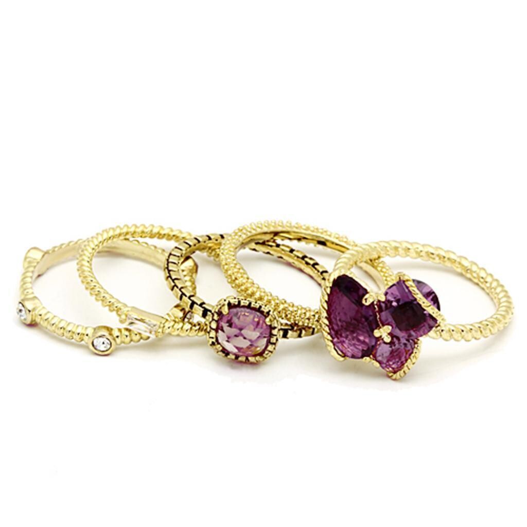 LO2502 - Gold Brass Ring with Synthetic Synthetic Glass in Amethyst