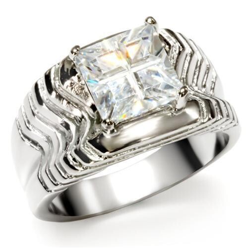 TK028 - High polished (no plating) Stainless Steel Ring with AAA Grade CZ  in Clear