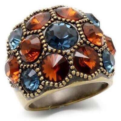 0W234 - Antique Copper Brass Ring with Top Grade Crystal  in Multi Color