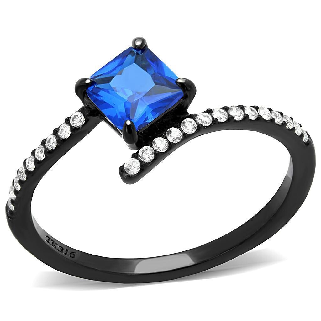 DA016 - IP Black(Ion Plating) Stainless Steel Ring with Synthetic Spinel in London Blue