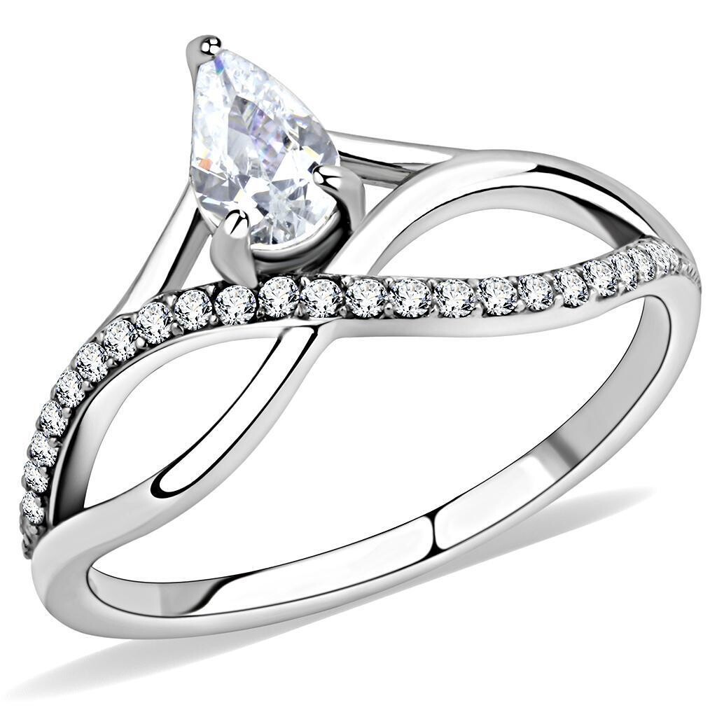 DA149 - High polished (no plating) Stainless Steel Ring with AAA Grade CZ  in Clear