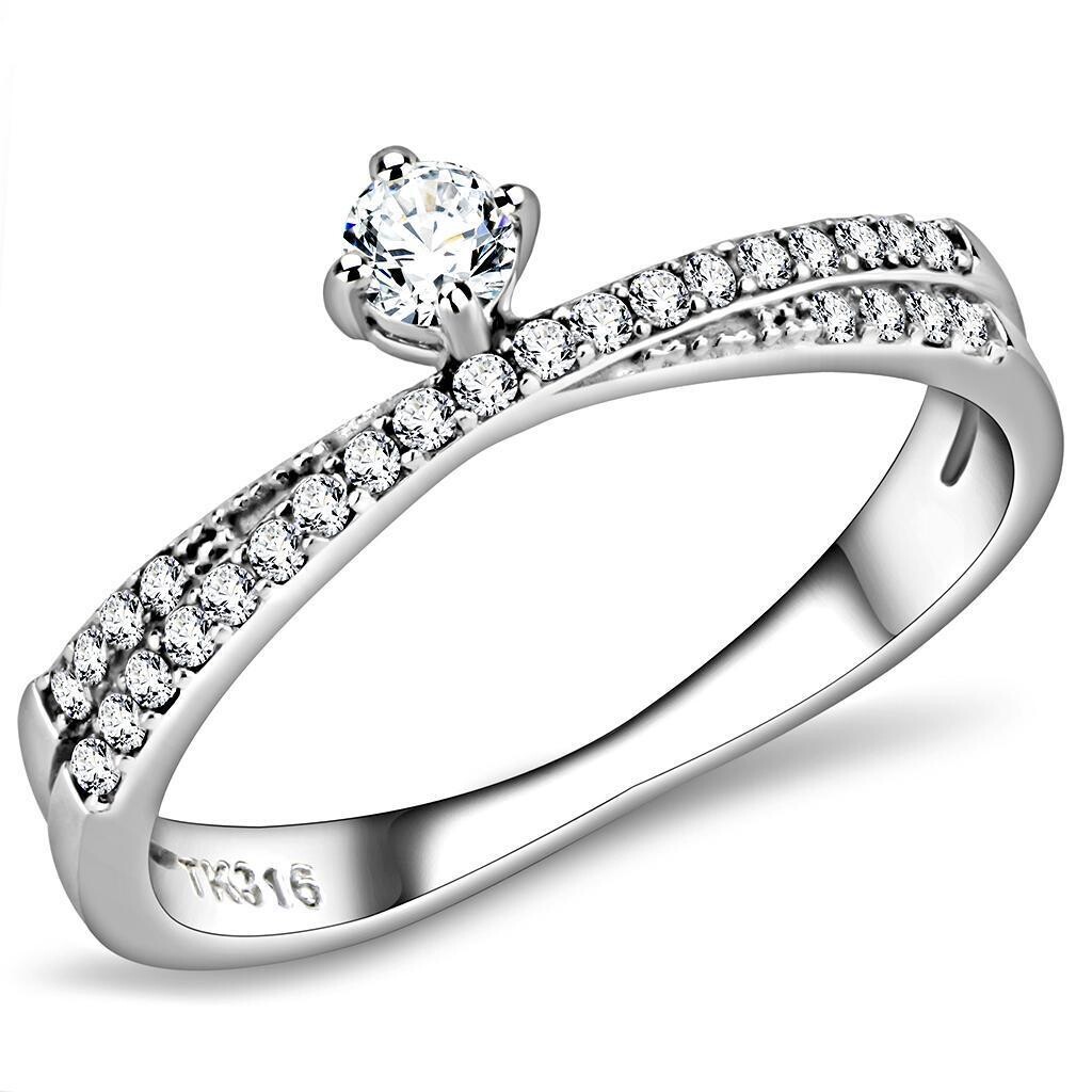 DA153 - High polished (no plating) Stainless Steel Ring with AAA Grade CZ  in Clear