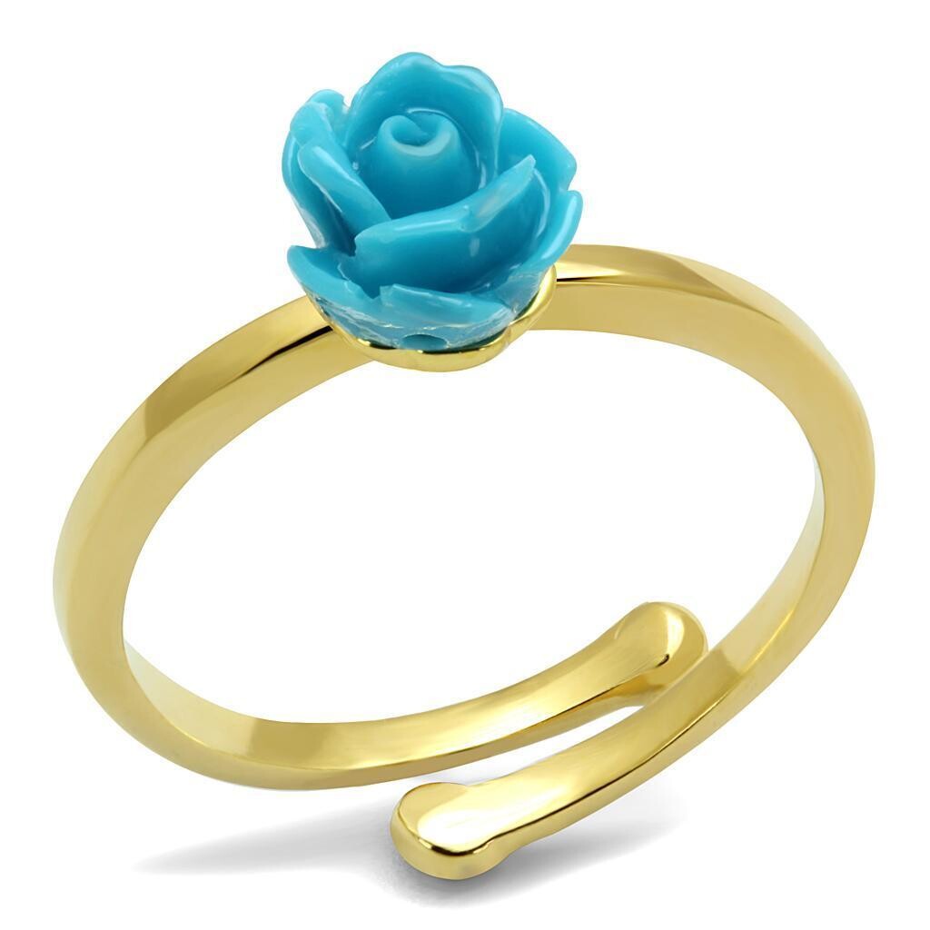 LO4060 - Flash Gold Brass Ring with Synthetic Synthetic Stone in Sea Blue