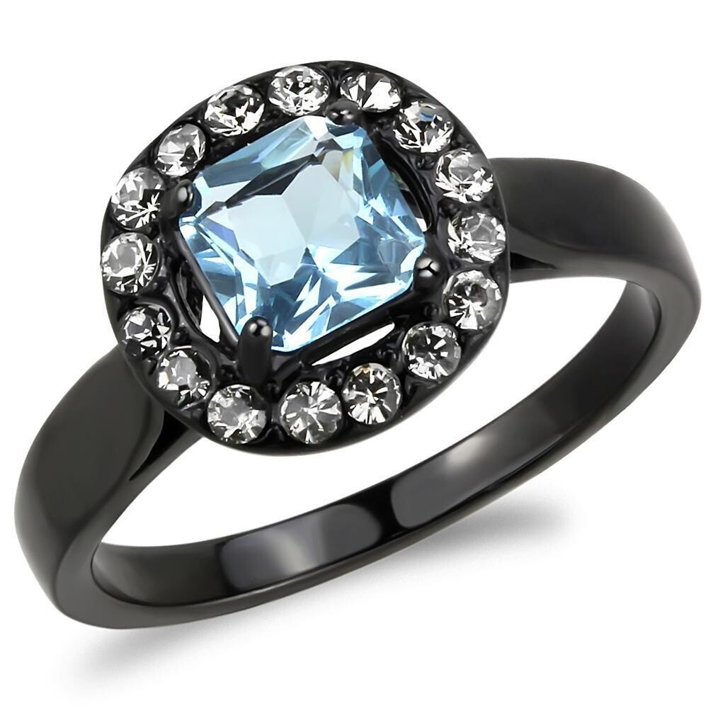 TK3443 - IP Black(Ion Plating) Stainless Steel Ring with Synthetic Synthetic Glass in Sea Blue