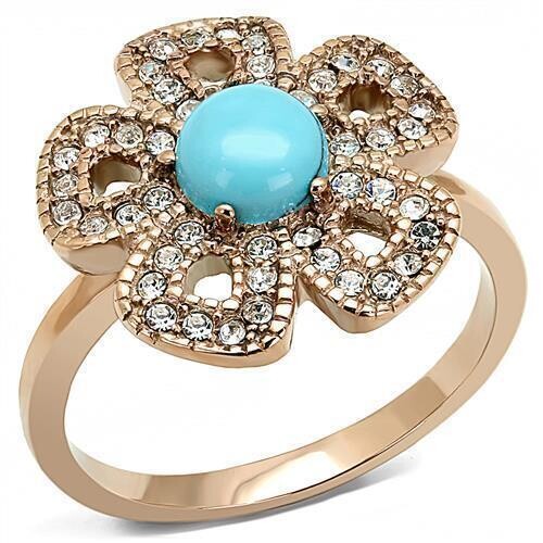 TK3201 - IP Rose Gold(Ion Plating) Stainless Steel Ring with Synthetic Turquoise in Sea Blue