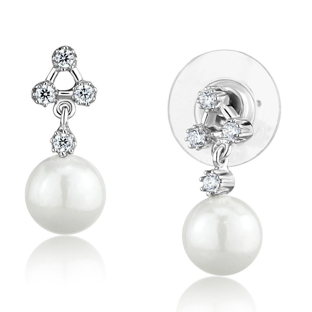 3W1295 - Rhodium Brass Earrings with Synthetic Pearl in White