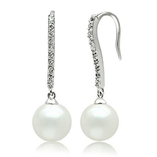 3W086 - Rhodium Brass Earrings with Synthetic Pearl in White