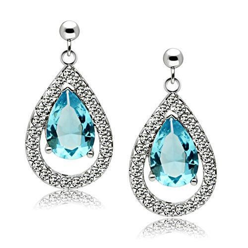 3W083 - Rhodium Brass Earrings with Synthetic Synthetic Glass in Sea Blue