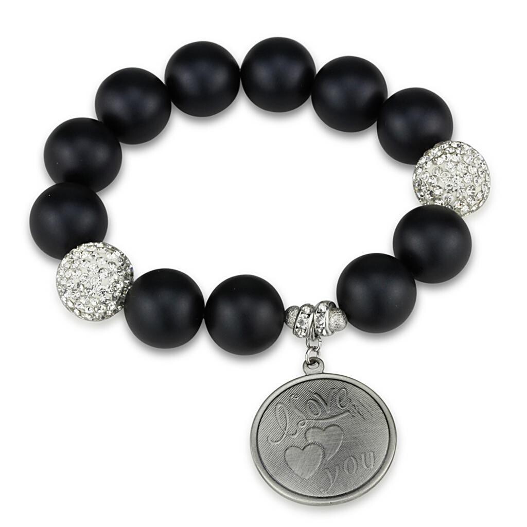 LO3783 - Antique Silver White Metal Bracelet with Synthetic Onyx in Jet