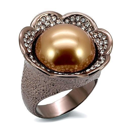 LO1691 - Chocolate Gold Brass Ring with Synthetic Pearl in Brown