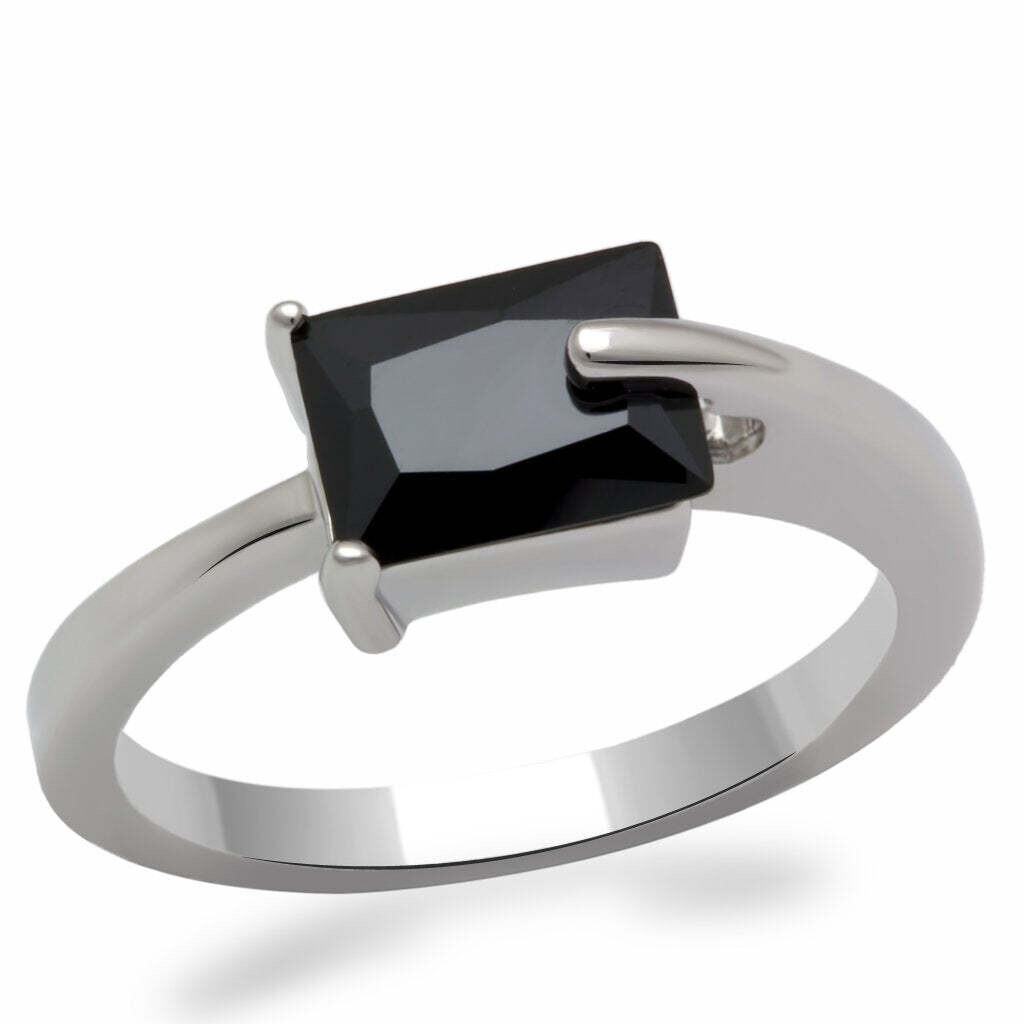 LO2066 - Rhodium Brass Ring with AAA Grade CZ  in Jet