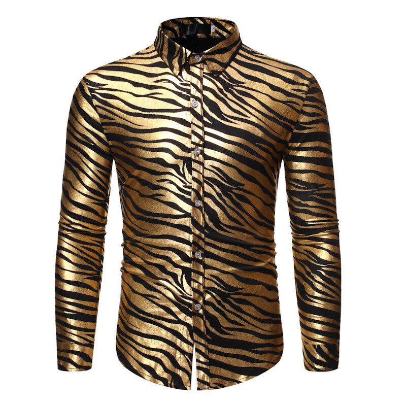 Men's golden Zebra Print Disco Long Sleeve Slim Dress Shirts 