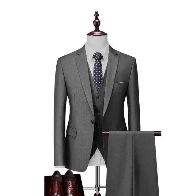 Men's Grey 2 Pcs Blazer + Pants Formal Business Suits