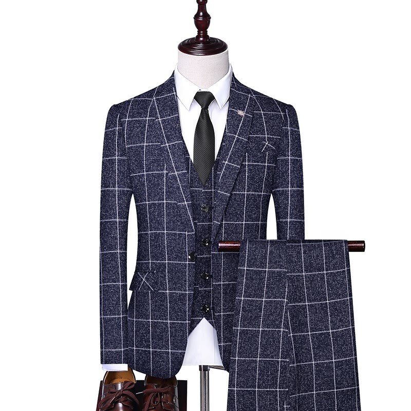 Plaid 3 Piece Suit for Men Spring Autumn Fashion Check Coat Trousers Blazers Pants Vest Set