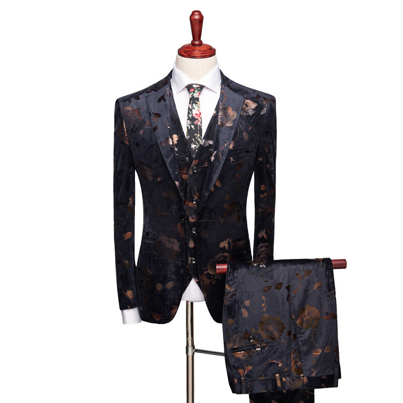 3 piece slim fit Blazer+pants+vest flower groom men's suit 