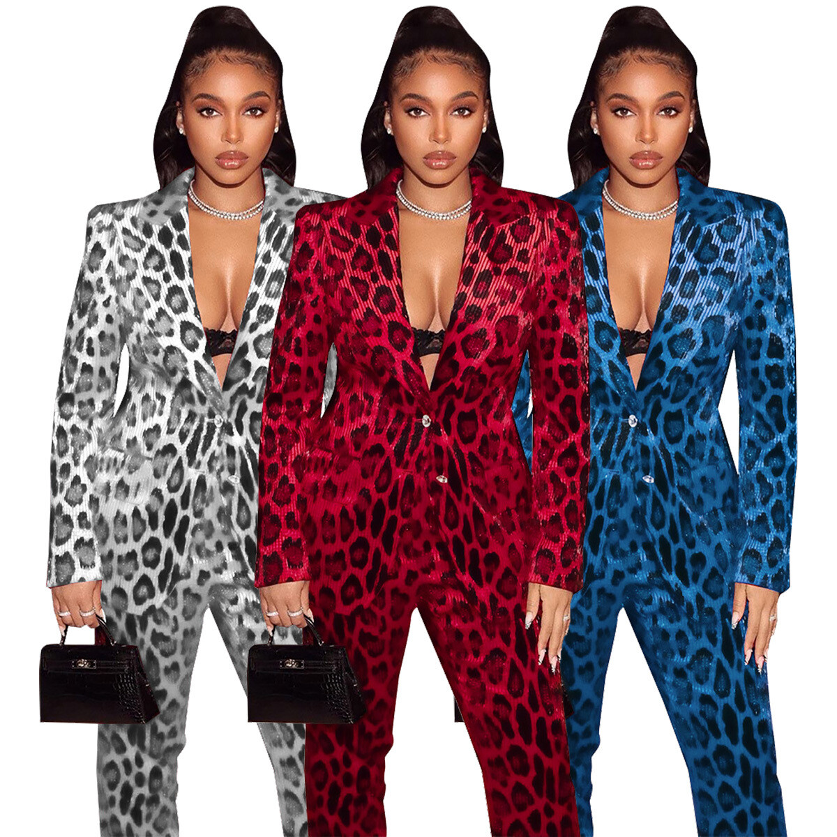 2022 New Women's Clothing Leopard Print Slim Fit Blazer Pants Two-Piece Suit Set