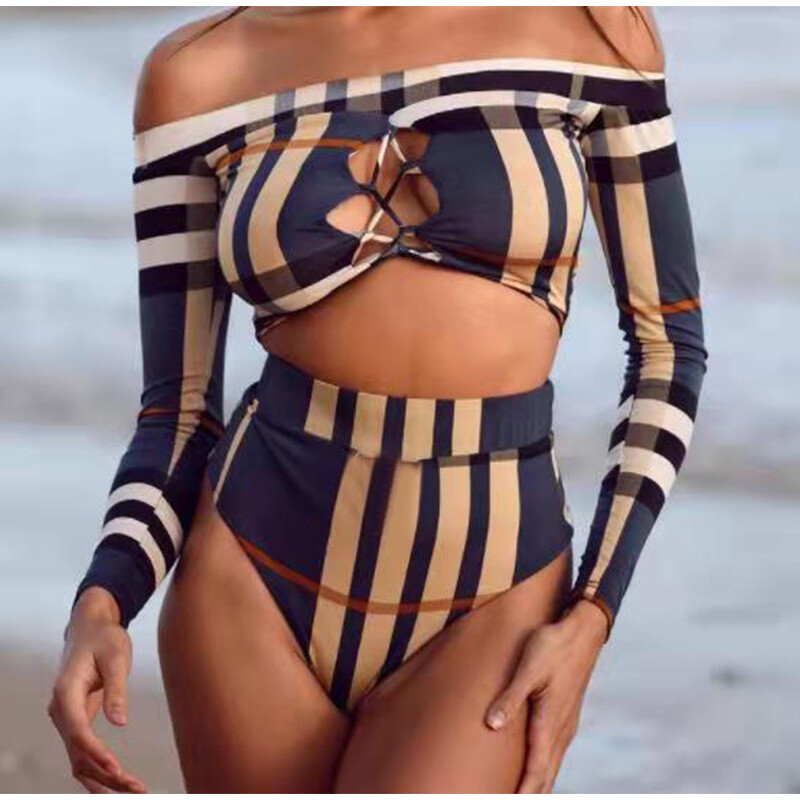 New Design Ruffled Long Sleeve Swimwear Two Pieces Off Shoulder High Waist Plaid Bathing Suits Women Off Shoulder Swimwear