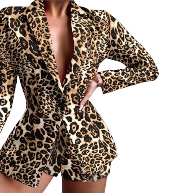 Chain Print Blazer & Skinny Shorts Set 2022 Femme Scarf Button Coat Suits Set