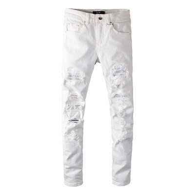 NSZ24 White ripped jeans high quality rhinestones denim pantalon men's patch stretch designer jins pant