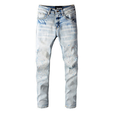 NSZ1 Street A M pantalon denim micro-elastic jeans pant blue splash paint skinny jeans men jeans trouser