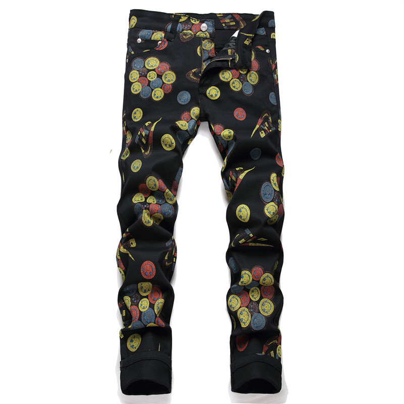 AIPA 2022 New Fashion High Quality Men's Printed Jeans Black Slim Fit Skinny Stretch Painted Pants