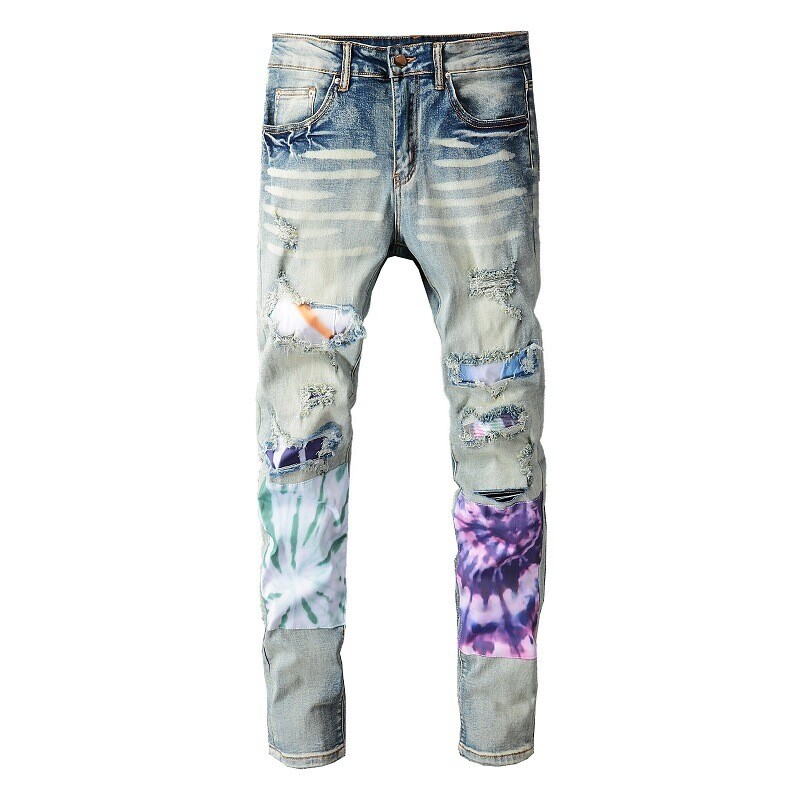 NSZ32 Ripped jeans stock market men pants jeans korea leather embroidery patch slim fit