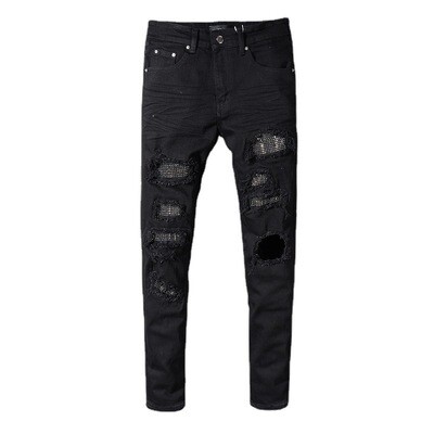 NSZ94 Black high mens skinny jeans rhinestones stylish street ripped super shredz pants jeans