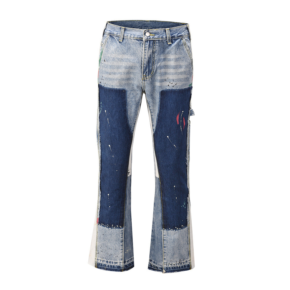 Hip Hop Washed Blue Distressed Splash Ink Flare Jeans Urban Streetwear Patch Mens
