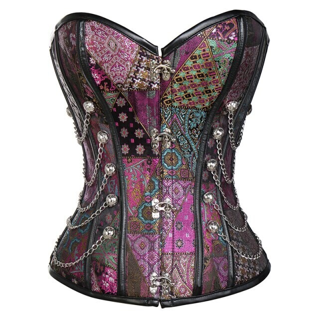 Women's Bustiers & Corsets Spiral Steel Boned Steampunk Corset with Chains Overbust Gothic Bustier Waist Training Corselet