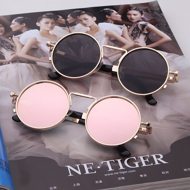 Fashion gothic sunglasses women men brand designer vintage pink metal punk vapor round sun glasses retro shades
