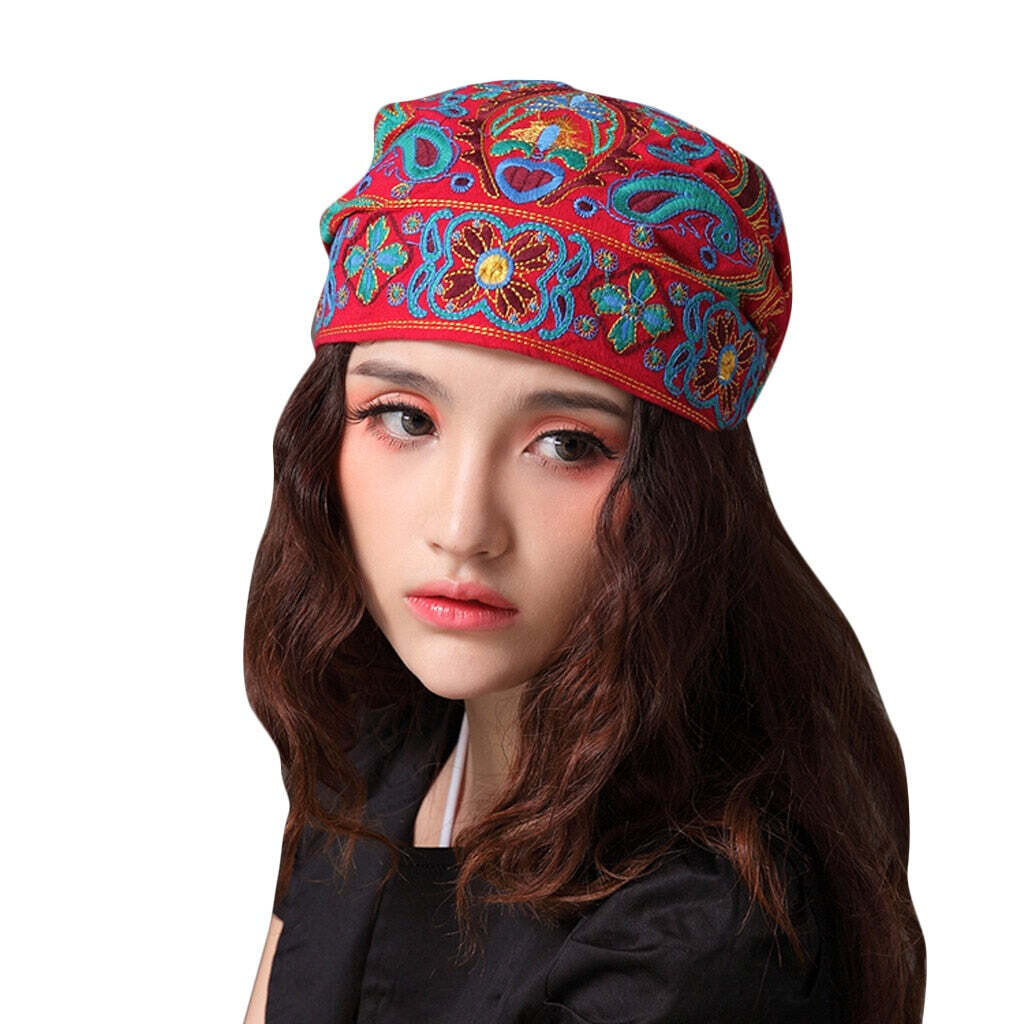 Women Mexican Style Ethnic Vintage Embroidery Flowers Bandanas Red  Print Hat шапка женская меховая winter hats for women