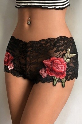 Black Sheer Embroidery Floral Lace Cheeky Boyshort Underwear