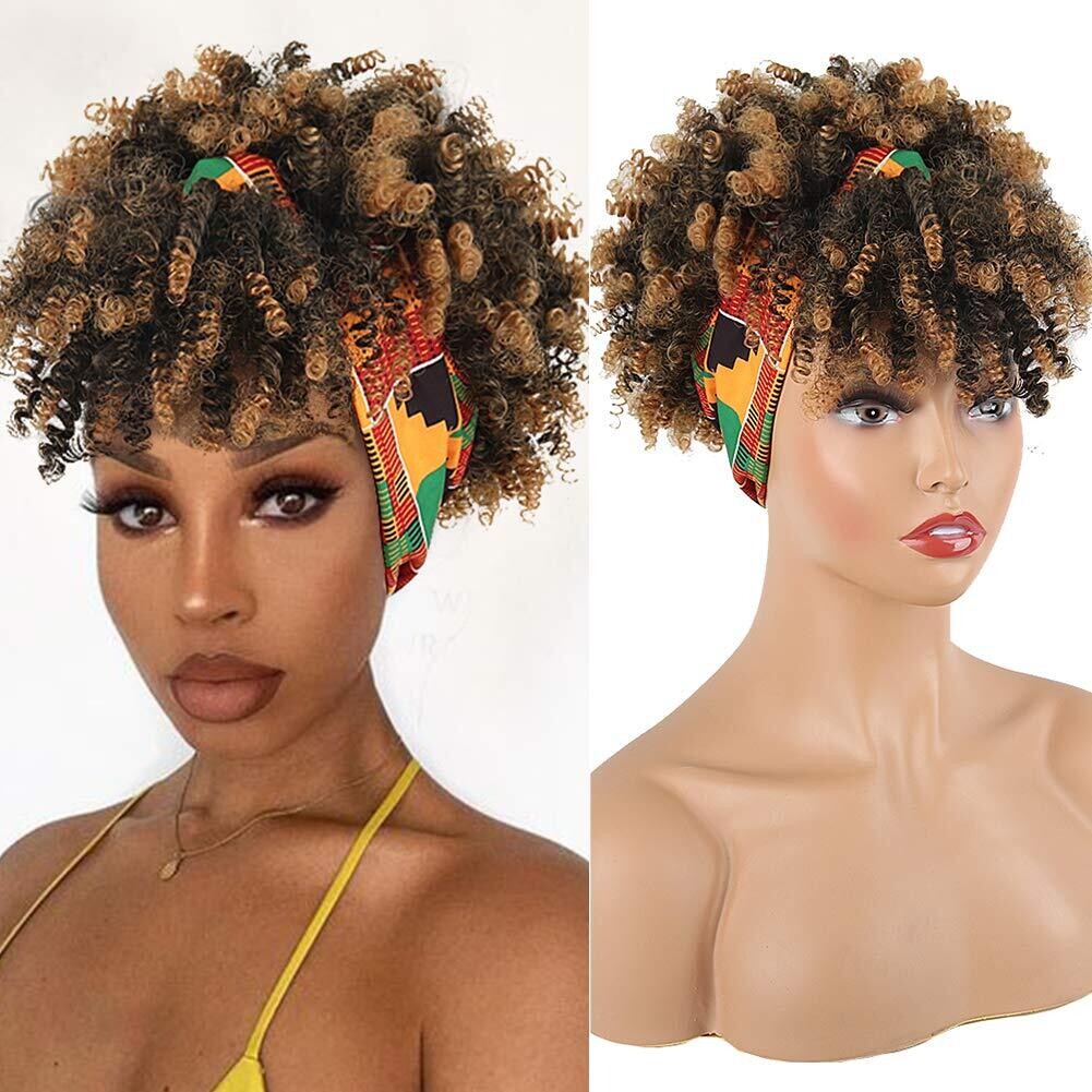 Hot Selling Headband Wigs for Black Women Synthetic Short Afro Kinky Curly Wigs with Bangs Drawstring High Puff Wig