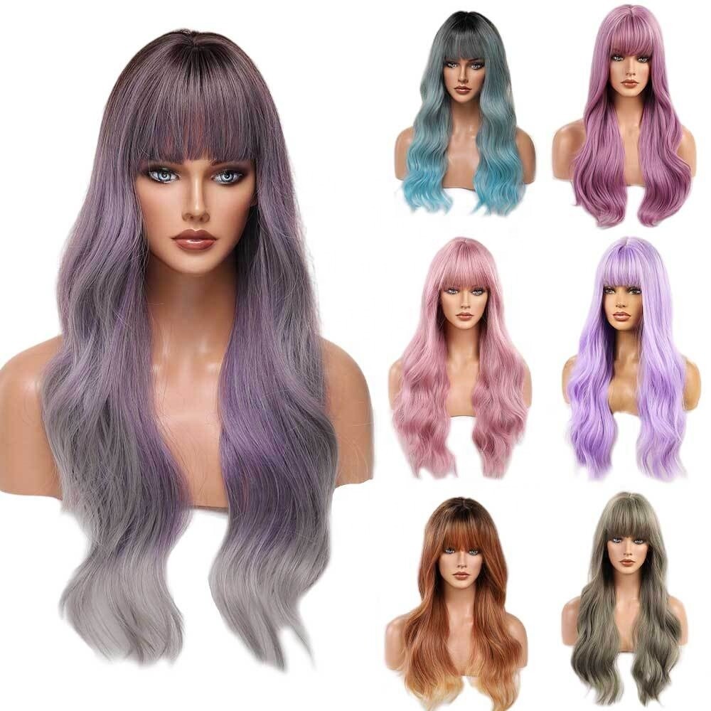 Synthetic Hair Wigs for Women, Long Curly Ombre Full Lace Wigs with Bangs, Affordable Best Quality