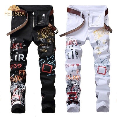 High Street Fashion Mens Jeans Night Club Black White Designer Brand Jeans Men Plus Size Punk Pants Hip Hop Denim Jeans