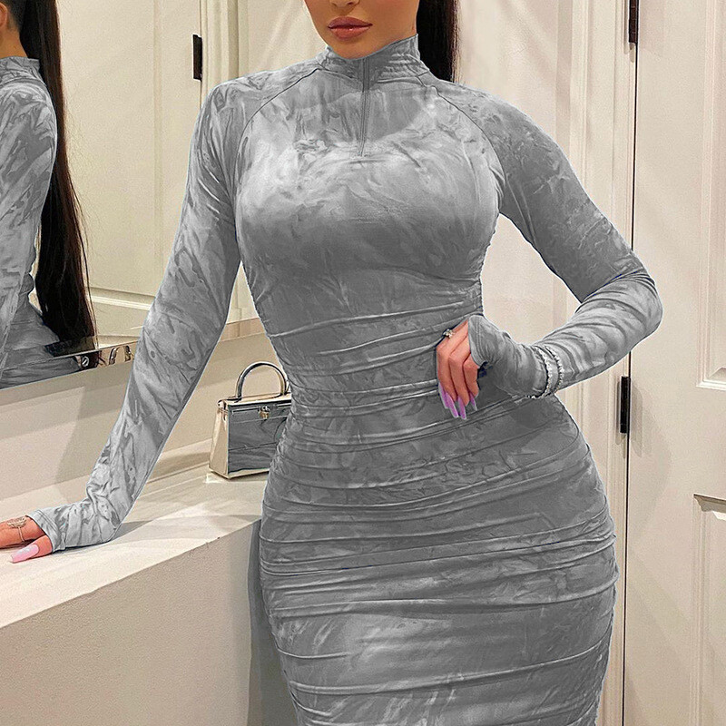 Women Tie Dye Pleated Long Sleeve Casual Dresses Sexy Female Dress Gray|Blue Plus Size 5xl