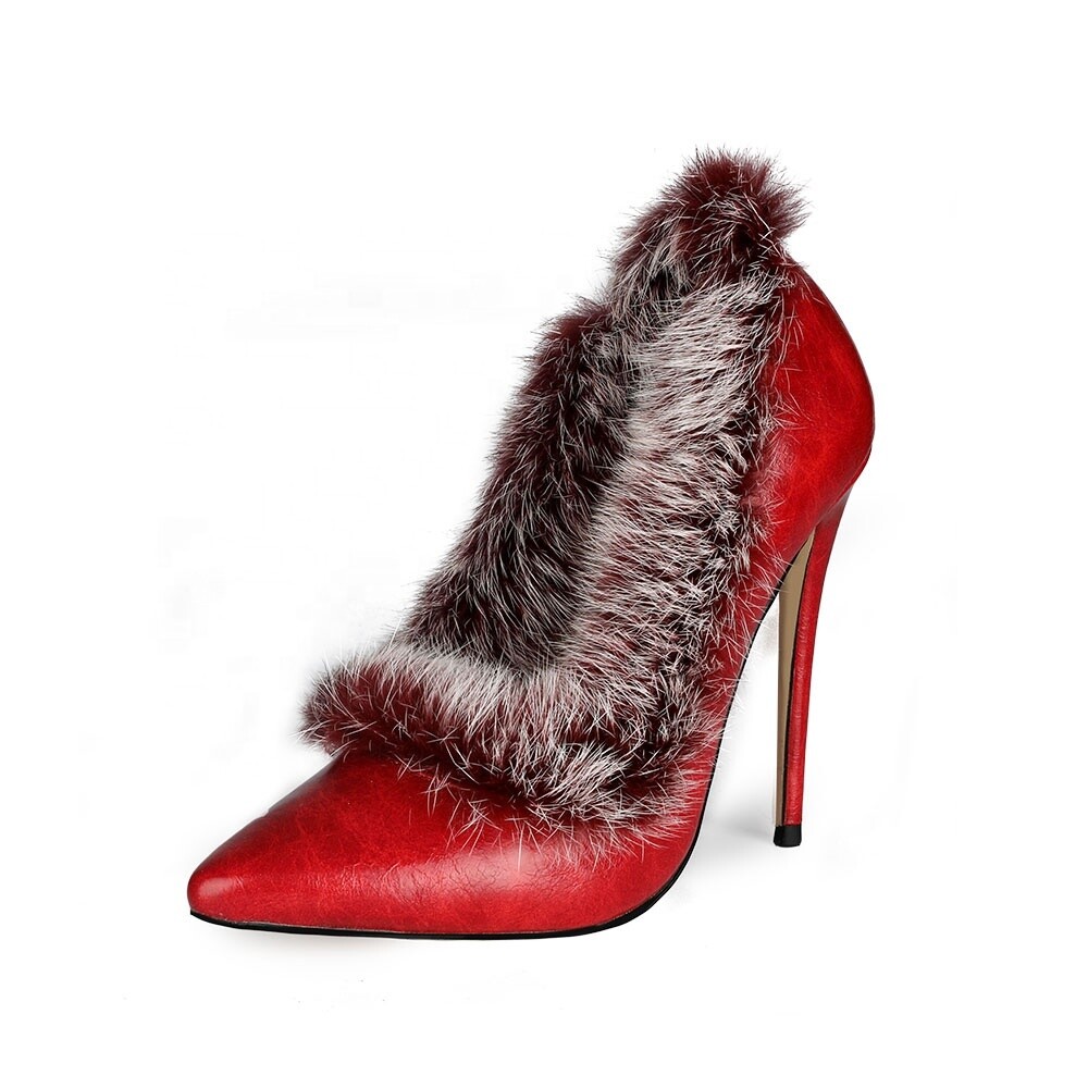 New Ladies Shoes High  Heeled Rabbit Hair Sweet High Quality Winter Women Shoes Stiletto Heels