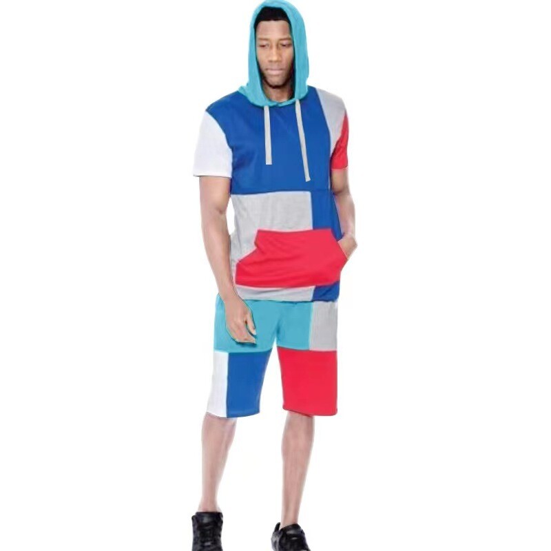 J&H 2023 new arrivals summer trendy plus size color block men's hoodies & sweatshirts and shorts 2 piece outfits streetwear